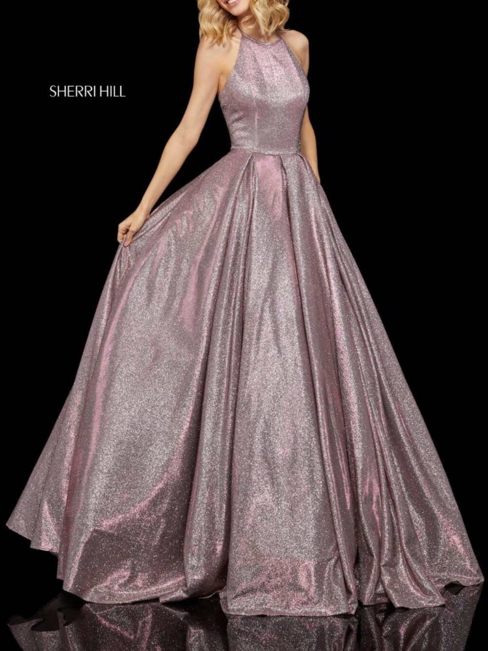 Sz 18 Sherri Hill Addison 52964 Pink & Silver Glitter Halter Ballgown w Pockets